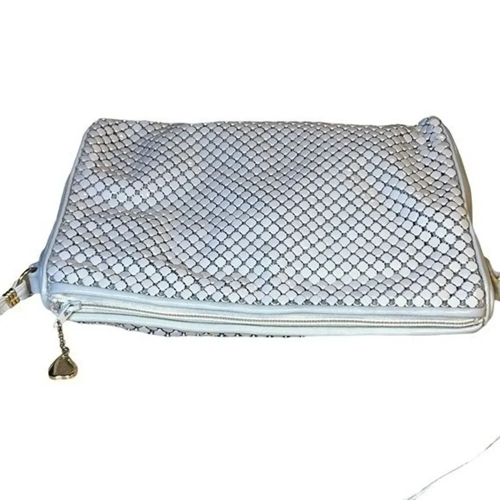 Whiting & Davis Vintage Cream Metal Mesh & Leather Handbag Purse Evening Bag
